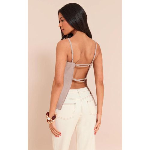 Tall Dbardeur Long En Effet Lin Mlang Taupe  Dos Ouvert, Taupe