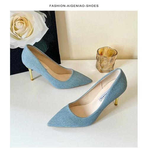 Talons Hauts En Denim Pour Femmes,Chaussures De Travail  Talons Aiguilles Pointus,Chaussures De Mariage  La Mode,Grande Taille,8cm,t - 42