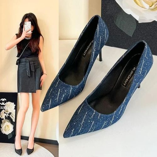 Talons Hauts En Denim Pour Femmes,Chaussures De Travail  Talons Aiguilles Pointus,Chaussures De Mariage  La Mode,Grande Taille,8cm,t - 38
