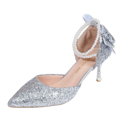 Talons Hauts Pointus  N?Ud Pailmtrage Pour Femme,Talon Fin,Ligne De Perles Avec Une Seule Chaussure,Bouche Peu Profonde,Temprament,Franais,lgant, - 36