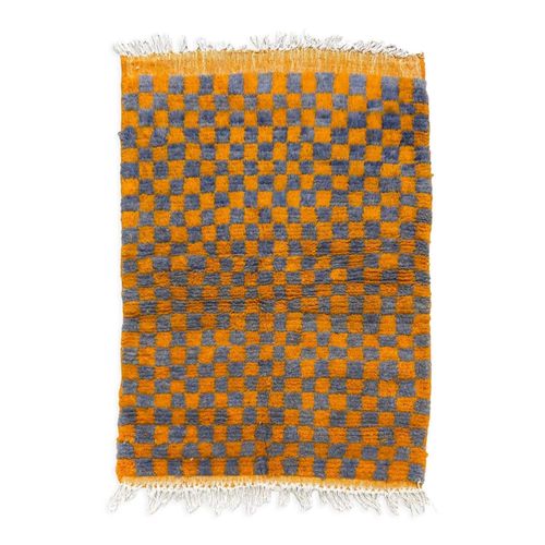 Tapis Berbre Marocain Boujaad Orange Et Gris Carreaux 145x103cm Orange