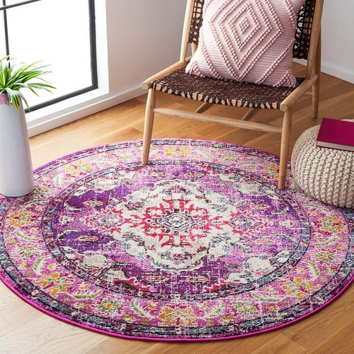 Tapis Boho Collection Monaco Pour Salon, Salle  Manger, Chambre  Coucher  Poils Courts - Violet Et Fuchsia - 120 X 120 Cm[X1251]