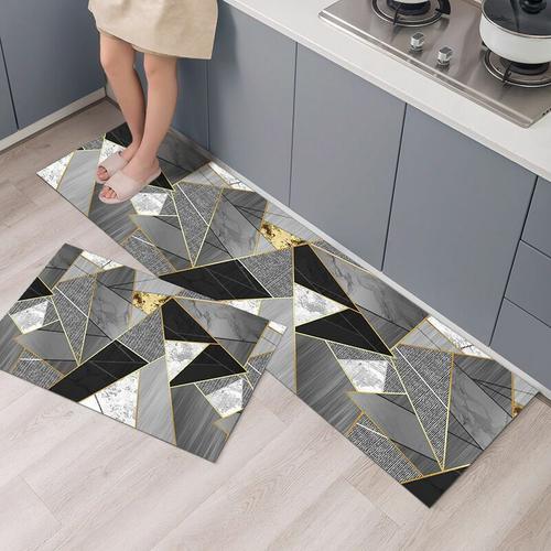 Tapis De Cuisine Antidrapants Lot De 2 Absorbent L'eau Et L'huile Tapis De Cuisine Tapis tanche  La Poussire Pour L'intrieur 40 X 60 + 40 X 120 Cm Gomtrie Noire