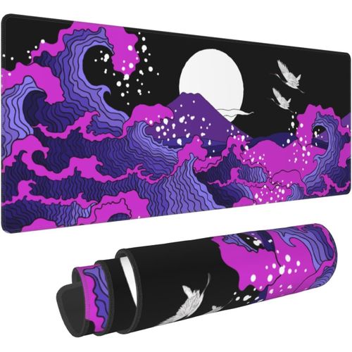 Tapis de souris de jeu japonais noir bleu violet vague 80 x 30 cm xL style cool design imprim grand clavier d'ordinateur portable base en caoutchouc antidrapant avec bords cousus pour la maison et