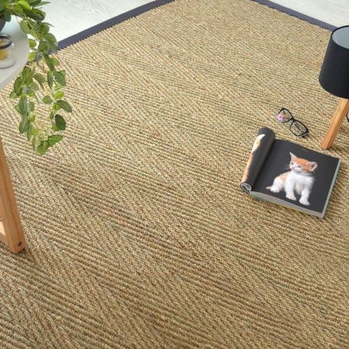 Tapis Jonc De Mer Assam Chevron Ganse Coton Anthracite Decoweb.Com - 200 X 290 Cm