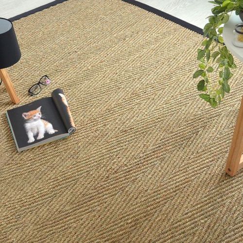 Tapis Jonc De Mer Assam Chevron Ganse Coton Noire Decoweb.Com - 140 X 200 Cm