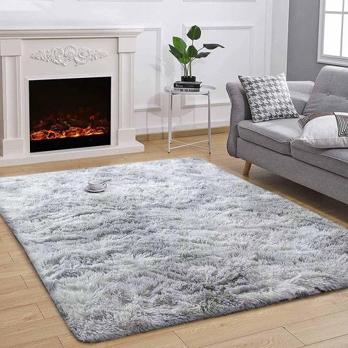 Tapis Modernes De Salon Soft Tapis  Poils Longs Moelleux Rectangulaire Luxe Confortable Pour Salon Chambre Filles Enfants (120 X 170 Cm, Blanc Gris)