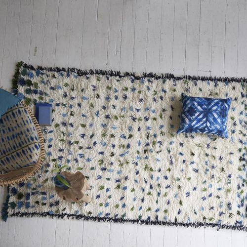 Tapis Shaggy 160x260 Rectangle Fait Main Crme Et Bleu En Laine