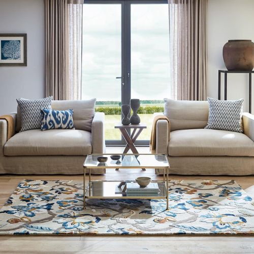 Tapis Entre 140x200 Fait  La Main En Laine Beige Et Bleu Motif Floral