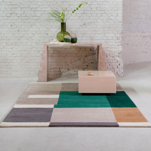 Tapis Grand Salon 250x350 Fait Main En Laine Beige Et Vert Motif Gomtrique