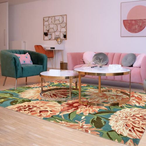 Tapis Chambre 170x240 Fait  La Main En Laine Vert Et Orange Motif Floral