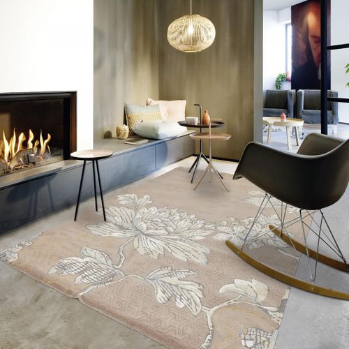 Tapis Salle  Manger 250x350 Fait  La Main En Laine Gris Et Crme Motif Floral