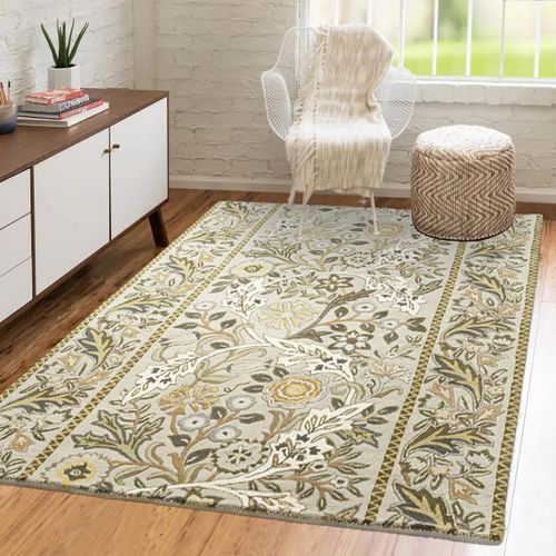 Tapis Salon 200x280 Fait  La Main En Laine Beige Et Jaune Moutarde