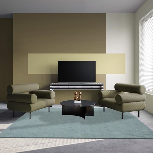 Tapis Salle  Manger 250x350 Fait  La Main En Laine Bleu Et Vert Motif Faux Uni