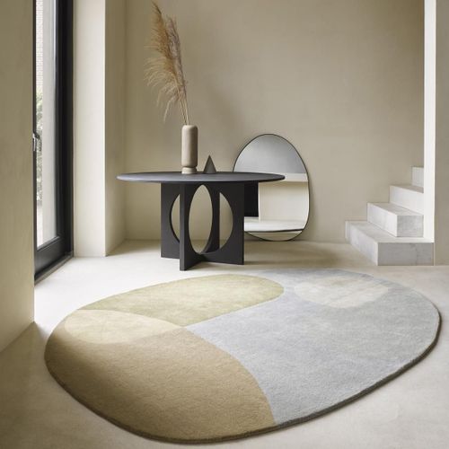 Tapis Grand Salon 250x350 Fait  La Main En Laine Gris Et Vert Motif Abstrait