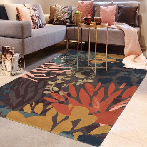 Tapis Chambre 160x230 Tiss En Laine Noir Et Orange Rectangle Motif Floral