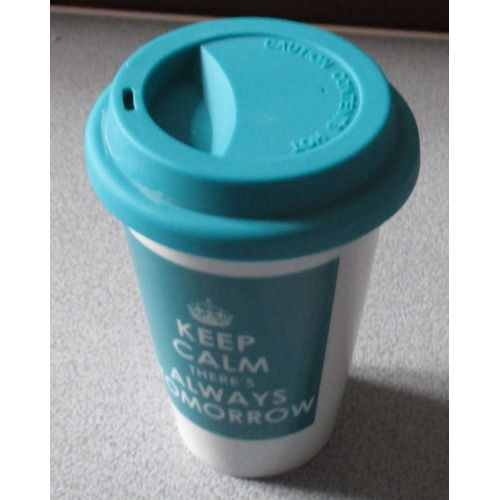Tasse/Mug  Emporter Keep Calm There's Always To-Morrow-Double Revtement De Cramique-Blanc Et Bandeau Vert Avec L'inscription-Couvercle En Silicone Vert-Hauteur 13cm Diamtre 9cm