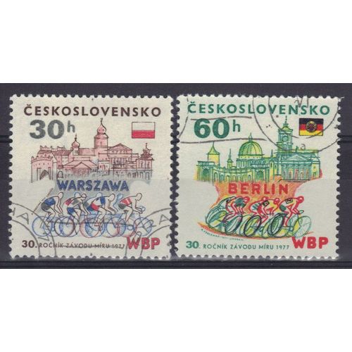 Tchecoslovaquie 1977 : 30 Anniversaire De La Course De La Paix Varsovie-Berlin-Prague : Dpart  Varsovie / Via Berlin - Srie De 2 Timbres Oblitrs