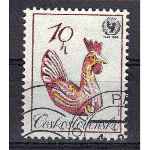 Tchecoslovaquie 1986 : 40 Anniversaire De L'u.N.I.C.E.F. : Jouet Pour Enfants : Oiseau : Coq - Timbre Oblitr