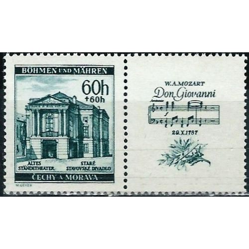 Tchcoslovaquie, Occupation Allemande, Bohme Moravie 1941, Trs Beau Timbre Neuf** Luxe Yvert 70, 150 Ans De La Mort De Mozart, Ancien Thatre De Vienne Avec Vignette 