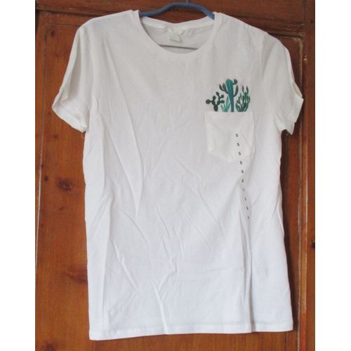 Tee-Shirt Blanc Avec Motif De Cactus Fleuris Brods Au-Dessus D'une Poche Poitrine - Petites Manches -100% Coton - H & M Taille S - Souple, Lger Et Un Peu Transparent