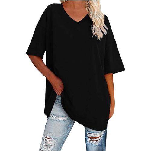 Tee Shirt Femme Long Ample, Tee Shirt Femme Grande Taille T-Shirts Noir-M