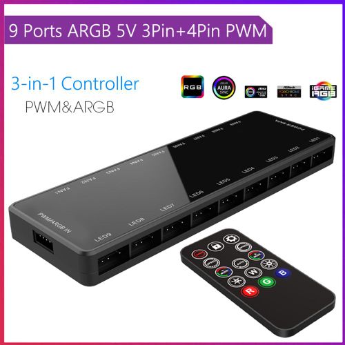 Tlcommande Hub 1  9 3 en 1, 5V, 3 broches, Argb, ventilateur de refroidissement, adaptateur sparateur, pices de scurit, 4 broches Pwm, fournitures d'ordinateur pour botier pc