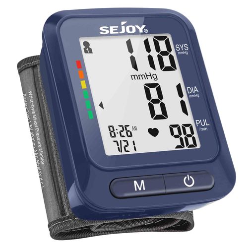 Tensiomtre De Poignet - Sejoy - Pression Artrielle Et Pouls : Brassard Rglable + 2 Piles Aaa + Bote De Rangement + Fonction Mmoire 120 Mesures + Grand cran Lcd - Bleu