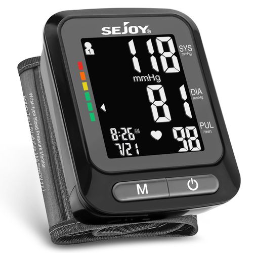Tensiomtre De Poignet - Sejoy - Pression Artrielle Et Pouls : Brassard Rglable + 2 Piles Aaa + Bote De Rangement + Fonction Mmoire 120 Mesures + Grand cran Lcd - Noir