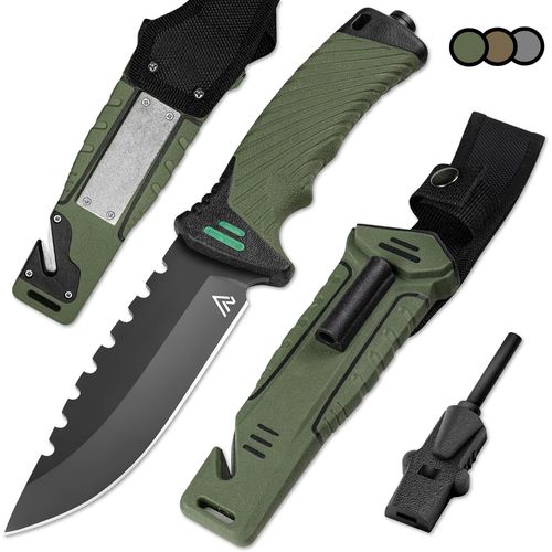 The Hunter X Green Couteau De Survie  Lame Fixe 12 Cm Acier Inoxydable Couteau De Chasse Couteau Tatou Machette Camping Accessoires Allume Feu Et Pierre  Aiguisseur Inclus