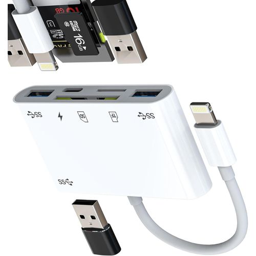 THEF-Adaptateur Lightning vers USB 6 en 1 Lecteur Carte SD Micro SD pour iPhone 14 Pro Max USB-A OTG 3.0 pour iPad pour Apple Chargeur Cble Numrique Appareil Photo Mmoire TF Card Reader Photos Sto