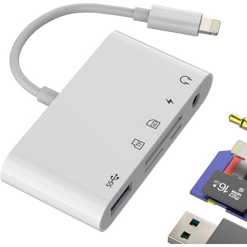 THEF-Adaptateur Lightning Vers USB Lecteur Carte SD(5 en 1)OTG 3.0 Micro SD Card Reader Prise AUX Ecouteur 3.5mm Pour IPhone 14 Pro Max Casque Chargeur Splitter Pour Apple TF Mmoire Flash Camra Pou