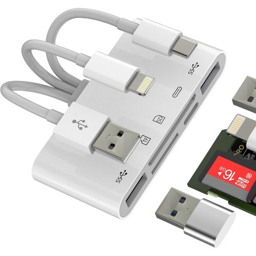 THEF-Adaptateur USB C Lightning USB vers USB 3.0 OTG (5 en3) pour Apple Chargeur Cble Lecteur Carte SD Micro SD pour iPhone16 15 14 iPad TF Card Reader Numrique Appareil Photo Mmoire Photo MacBook
