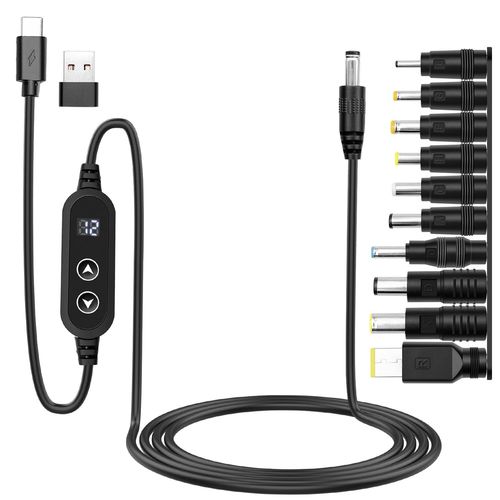 Thef-Cable Alimentation Adaptateur Pd/Usb Vers Dc 5v,9v,12v,15v,20v Tension Rglable Type C Mle To 5.5x2.1mm Cordon Chargeur Universel Avec 10 Dc Convertisseur Pour Routeur Tablet(1.2m)