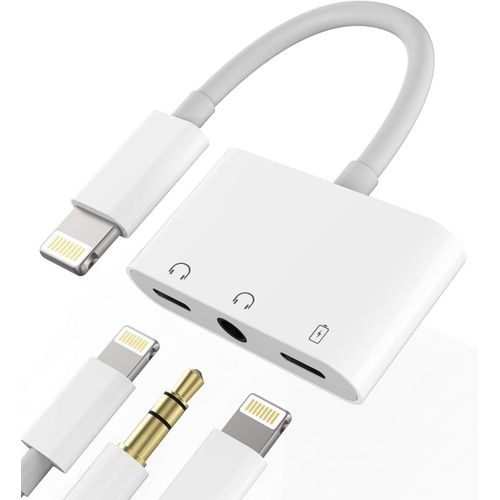Thef-Cble De Charge Pour Iphone 3,5 Mm Aux + Lightning + Adaptateur Jack (3 En 1) Apple Mfi Fast Charger Splitter Chargeur Rapide Accessoires Pour 14 13 12 11 Pro Max Mini X Xr Se 8 7 Plus 3,5+L