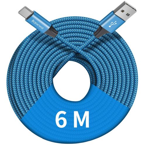 Thef-Cable Usb C 6m, Extra Lang Cble Usb Type-C Charge Fil Nylon Pour Samsung Galaxy S/A Tab, Ps5 Controller, Switch, Et Plus Type-C Tlphone, Tablette -Bleu