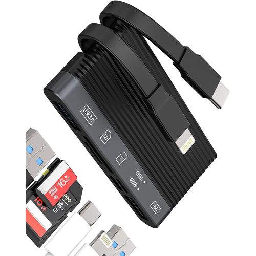 THEF-Lecteur de cartes USB C Lightning vers SD USB 3.0 2.0 Adaptateur (6 en2) pour iPhone16 15 14 13 Pro Max Type C Cble chargeur Micro SD TF Card Reader pour Apple iPad Compatible avec Samsung appa