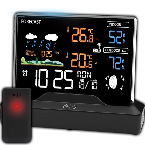 Thermomtre Numrique Avec 3 Capteurs, Hygromtre, Baromtre, Mesure De La Temprature Interne Et Externe, Prvisions Mto, Horloge, Alarme, Grand cran Lcd Clair, Noir