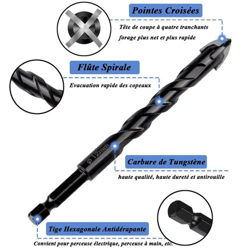 TILIYHELLO 7pcs forets en carbure de tungstène 312mm arbre hexagonal perceuse à ma?onnerie 1/4