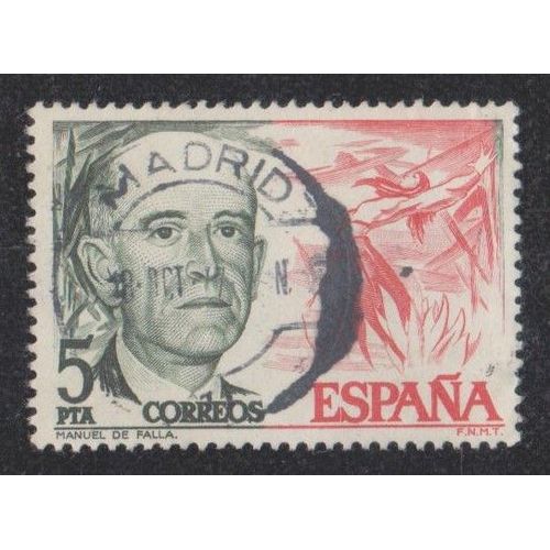 Timbre D'espagne N2026 Y&t 5 P. Rouge Et Vert-Noir Musiciens Espagnols Manuel De Falla Compositeur