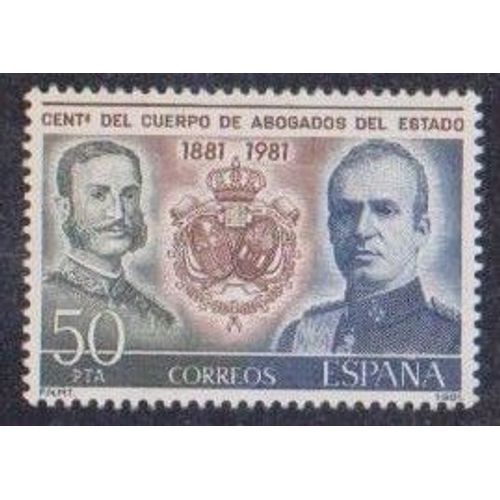 Timbre DEspagne N2252 Y & T 50 P. Brun-Rouge Vert-Olive Et Bleu Centenaire De La Chambre Des Avocats De L'tat Portraits Des Rois Alphonse 12 Et Juan Carlos 1er Et Armoiries De La Chambre