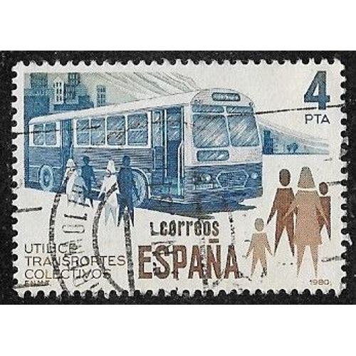 Timbre Espagne N2207 Y & T 4 P. Bleu, Brun Fonc Et Brun Moyens De Transports En Commun L'autobus