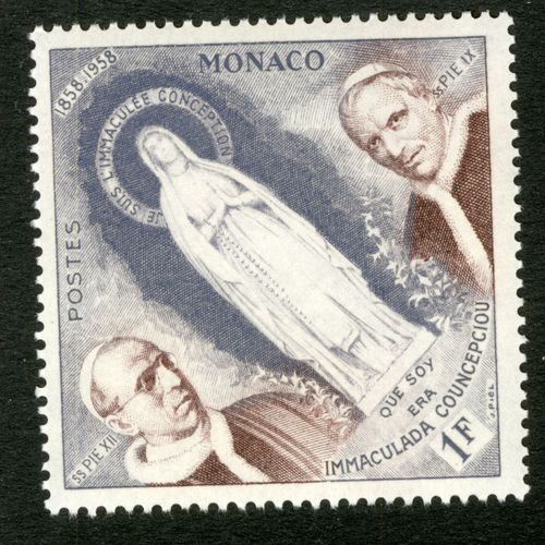 Timbre Non Oblitr Monaco, 1858-1958, Je Suis L'immacule Conception, Ss Pie Xii, Ss Pie Ix, 1 F, Postes