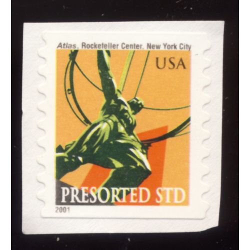 Timbre U S A, Atlas, Rockfeller Center, New York City, Presorted Std, U S A Sans Valeur Faciale, Non Oblitr