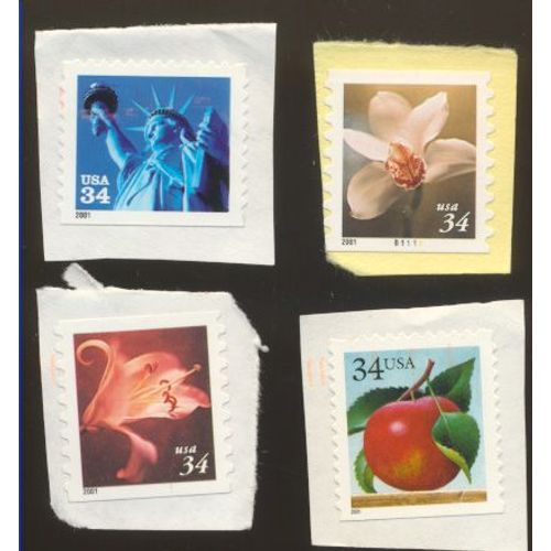 Timbre U S A, Pomme, Statue De La Libert, Jleur Fond Rouge, Fleur Fond Bige, U S A 34 Non Oblitr (4 Timbres)