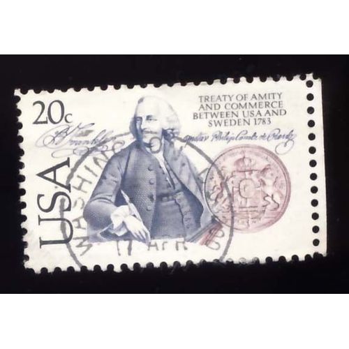 Timbre U S A, Treaty Of Amity And Commerce Between U S A And Sweden 1783 Entre Benjamin Franklin Et Gustav Philip Comte De Remb
