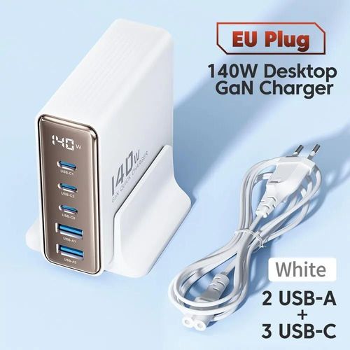 Toocki Chargeur USB GaN 5-en-1 140W, Type-C, avec affichage LED, pour PC portable, iPhone, Xiaomi  Blanc
