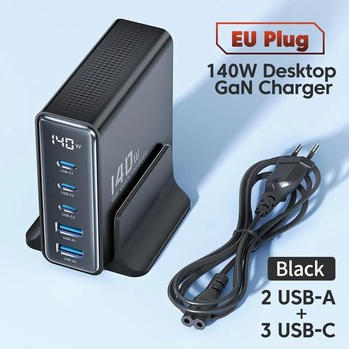 Toocki Chargeur USB GaN 5-en-1 140W, Type-C, avec affichage LED, pour PC portable, iPhone, Xiaomi  Noir