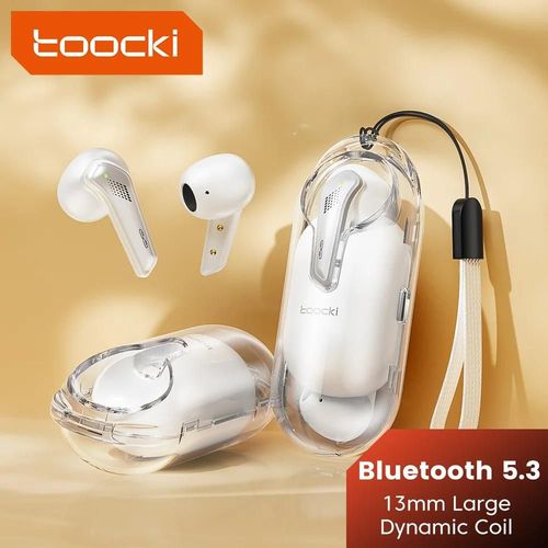 Toocki couteurs sans fil Bluetooth 5.3 TWS annulation casque 28dB contrle tactile casque demi-intra-auriculaire Transparent White