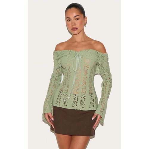 Top Ajust En Dentelle Sauge  Col Bardot Et Manches vases, Sauge
